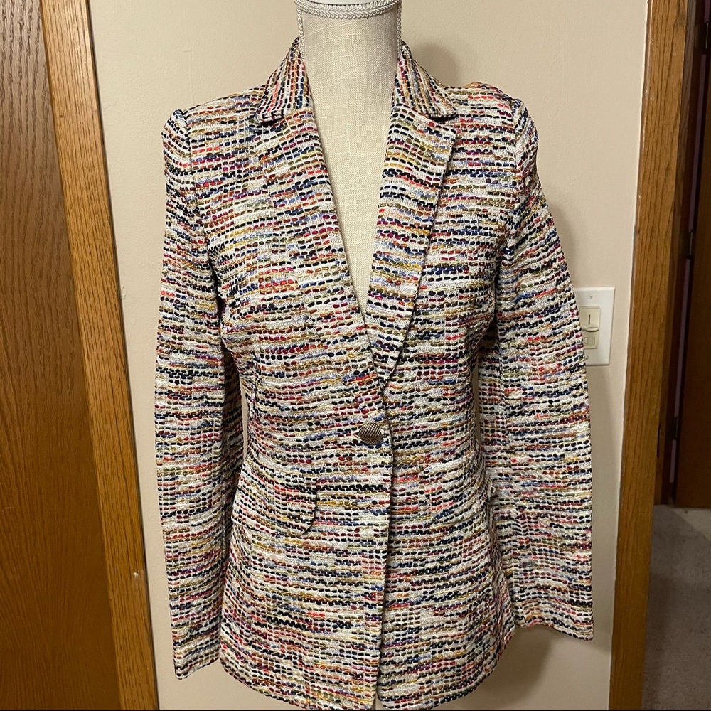 St. John Multicolor Tweed Blazer in Cream with Navy, Red & Yellow Accents